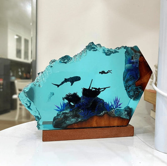Shark & Diver Resin Lamp – Ocean Gift, 3D LED Table Light