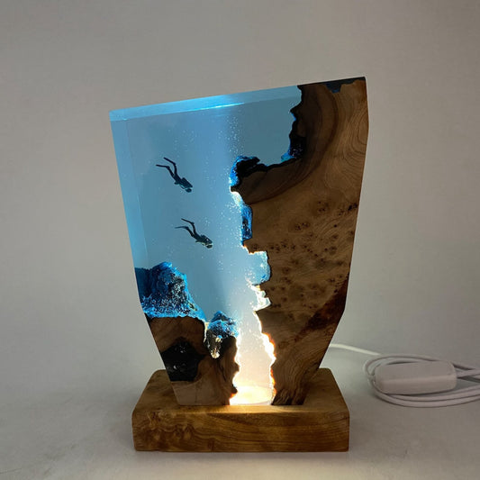 Deep Sea Diver Resin Lamp – Ocean Explorer Gift, LED Wood Night Light