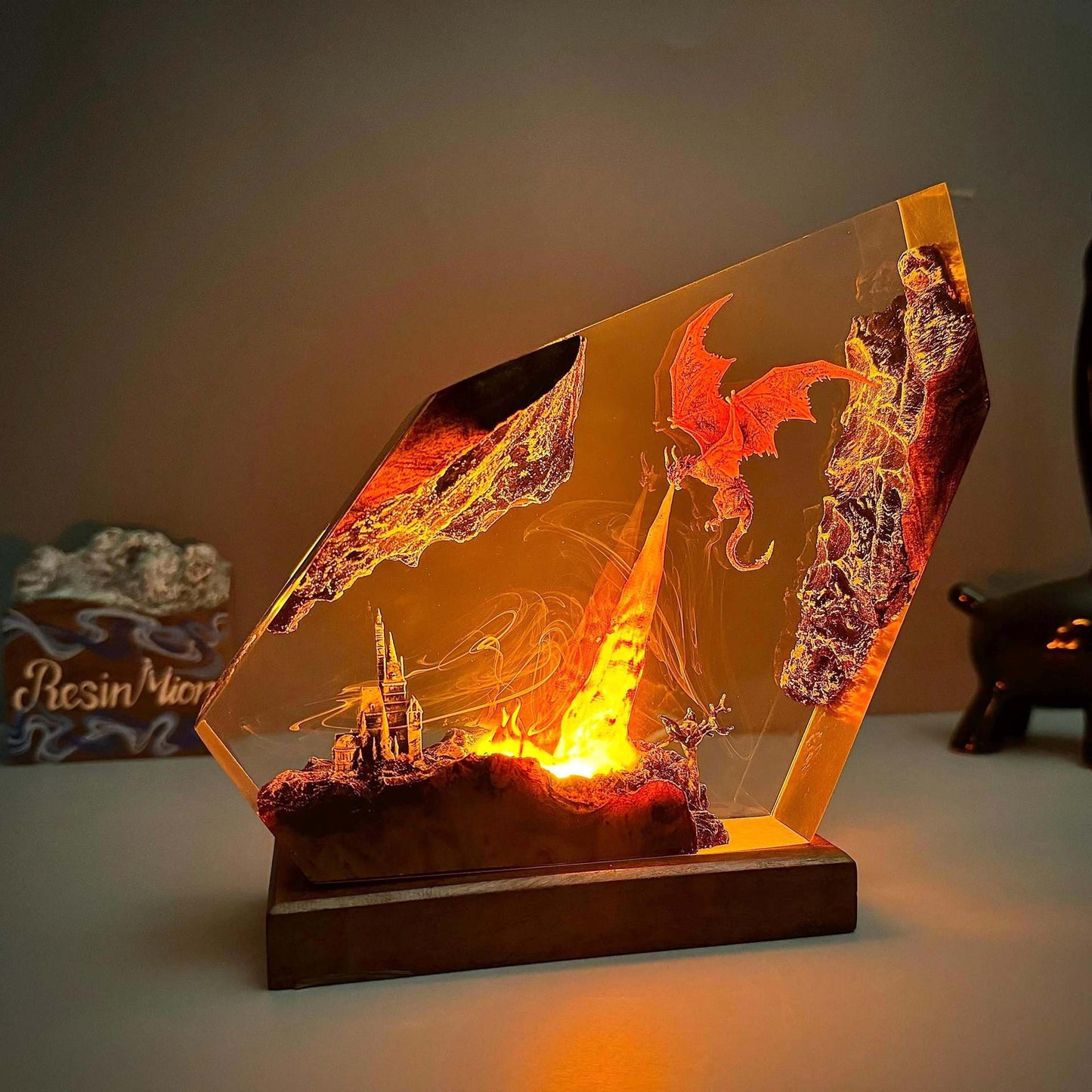 Dragon Fire Resin Lamp – Fantasy Gift for Him, LED Night Light & Room Decor