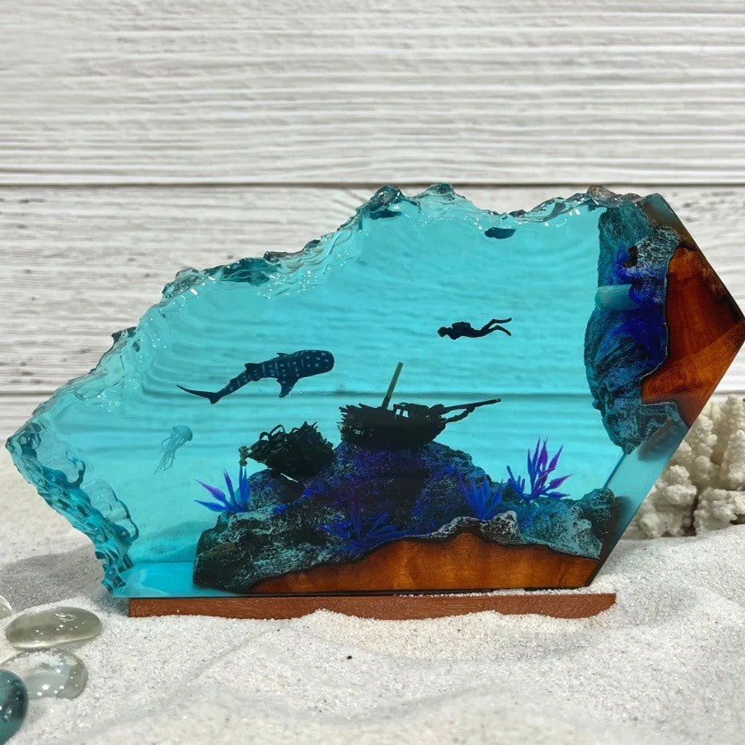 Shark & Diver Resin Lamp – Ocean Gift, 3D LED Table Light