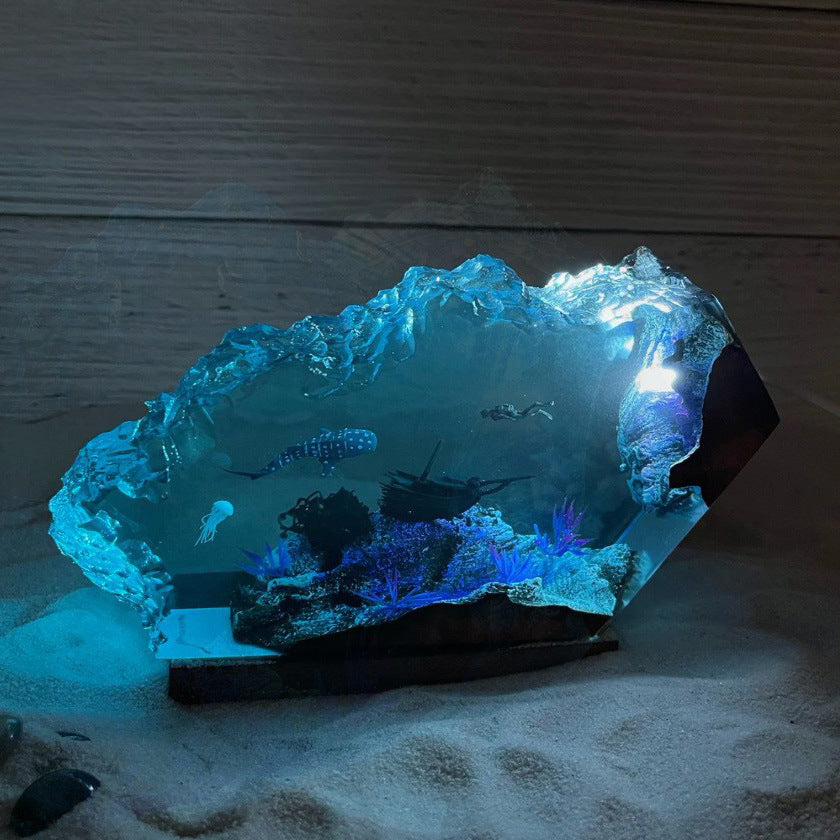 Shark & Diver Resin Lamp – Ocean Gift, 3D LED Table Light