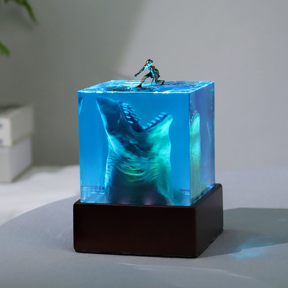 Megalodon Surfer Resin Night Light Cube – Ocean Micro Landscape Lamp, Handmade Sea Decor & Unique Souvenir Gift
