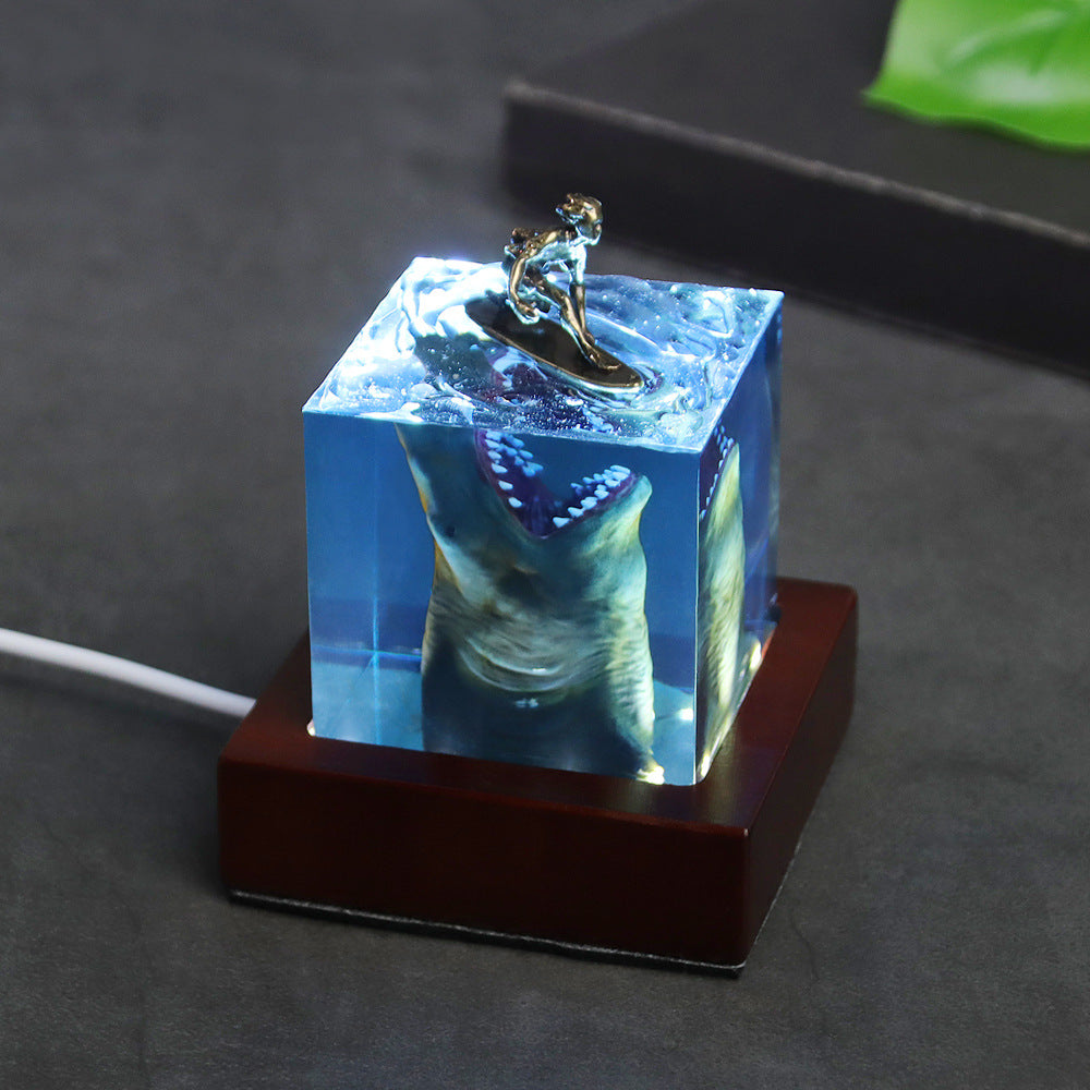 Megalodon Surfer Resin Night Light Cube – Ocean Micro Landscape Lamp, Handmade Sea Decor & Unique Souvenir Gift