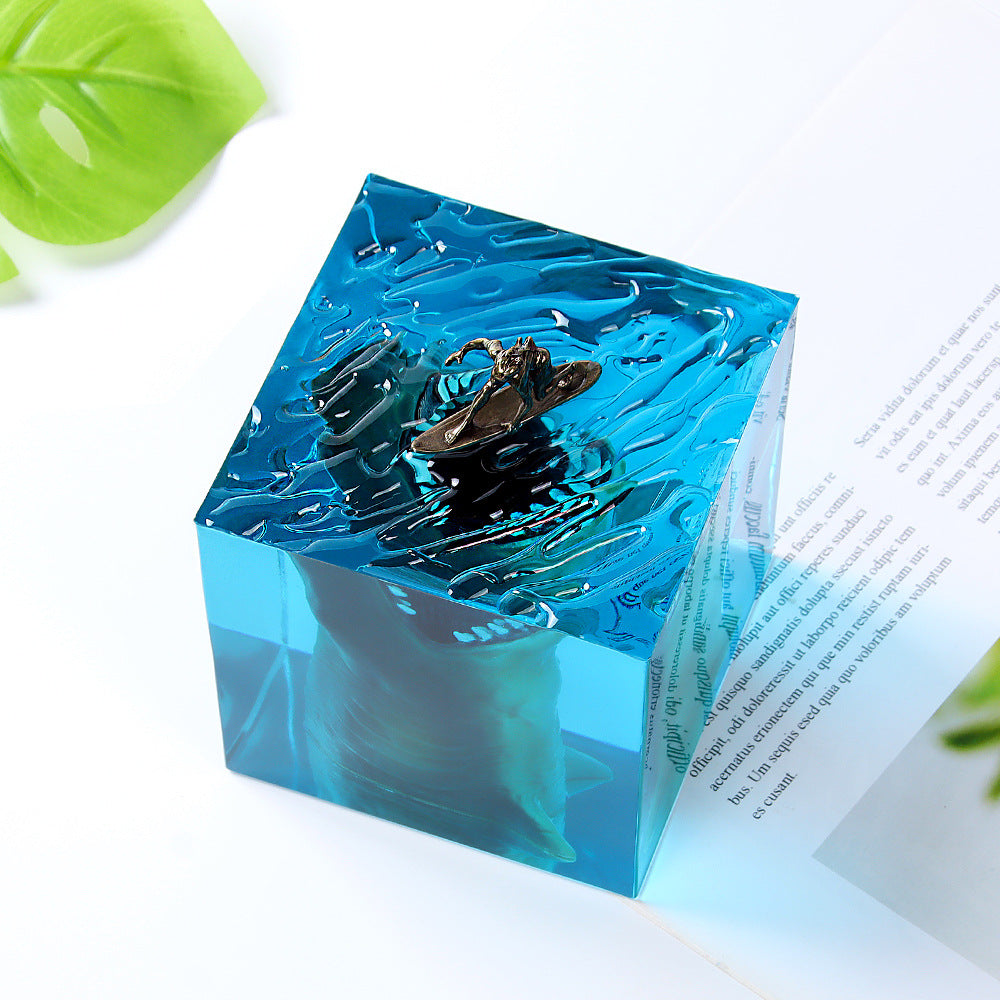 Megalodon Surfer Resin Night Light Cube – Ocean Micro Landscape Lamp, Handmade Sea Decor & Unique Souvenir Gift
