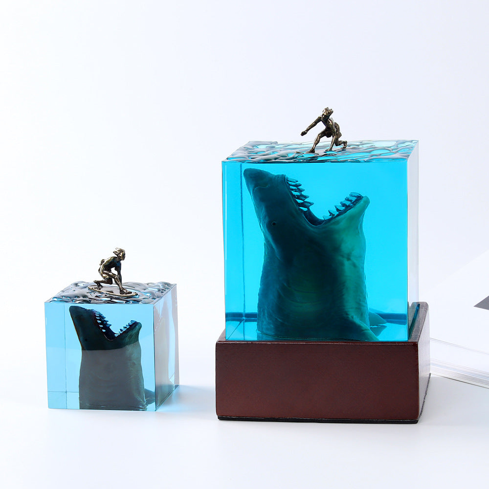 Megalodon Surfer Resin Night Light Cube – Ocean Micro Landscape Lamp, Handmade Sea Decor & Unique Souvenir Gift