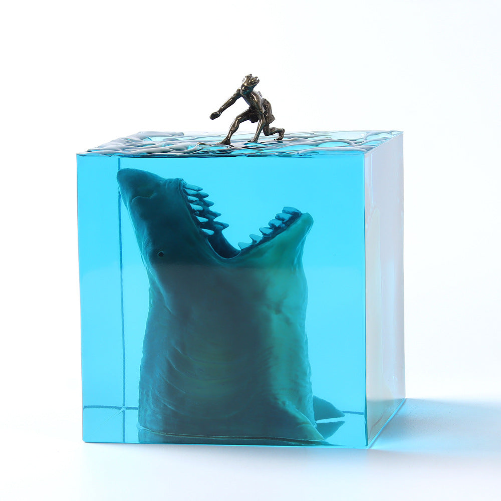 Megalodon Surfer Resin Night Light Cube – Ocean Micro Landscape Lamp, Handmade Sea Decor & Unique Souvenir Gift