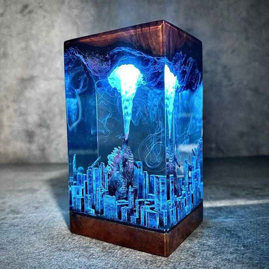 Godzilla Epoxy Resin Lamp – Atomic Breath Monster Night Light, Personalized Handmade Kaiju Gift & Unique Decor