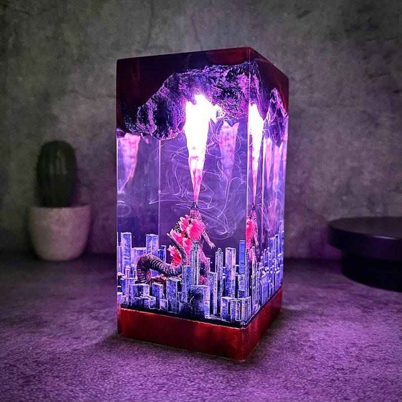 Godzilla Epoxy Resin Lamp – Atomic Breath Monster Night Light, Personalized Handmade Kaiju Gift & Unique Decor