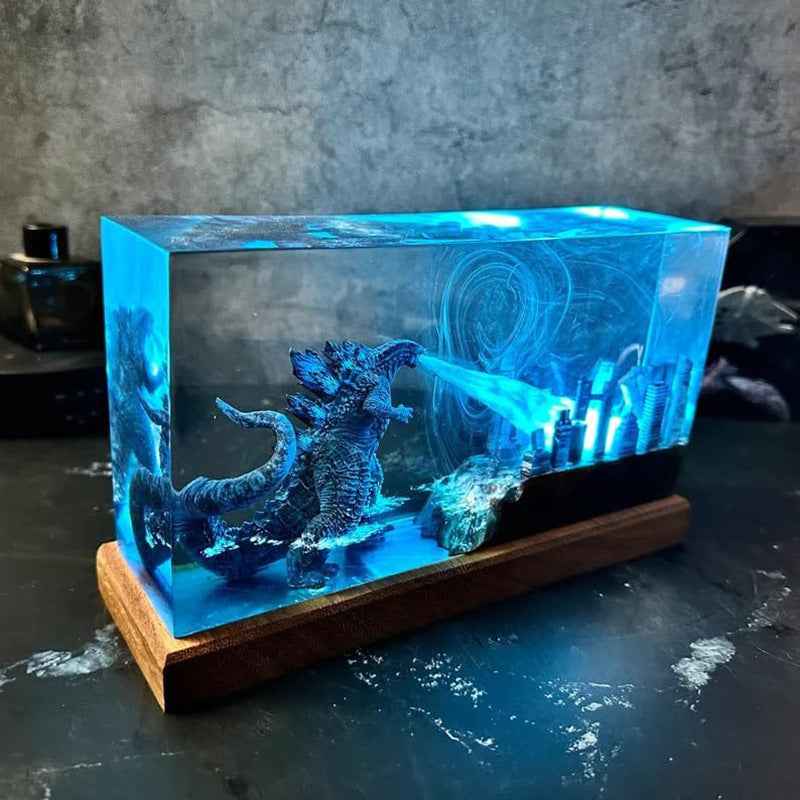 Godzilla Breathing Resin Lamp – Monster Destroying City Night Light, Handmade Kaiju Decor & Unique Gift