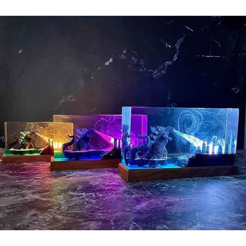Godzilla Breathing Resin Lamp – Monster Destroying City Night Light, Handmade Kaiju Decor & Unique Gift