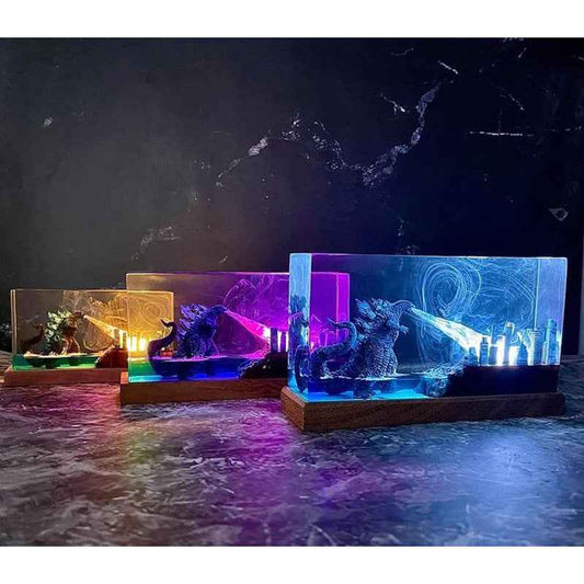 Godzilla Breathing Resin Lamp – Monster Destroying City Night Light, Handmade Kaiju Decor & Unique Gift