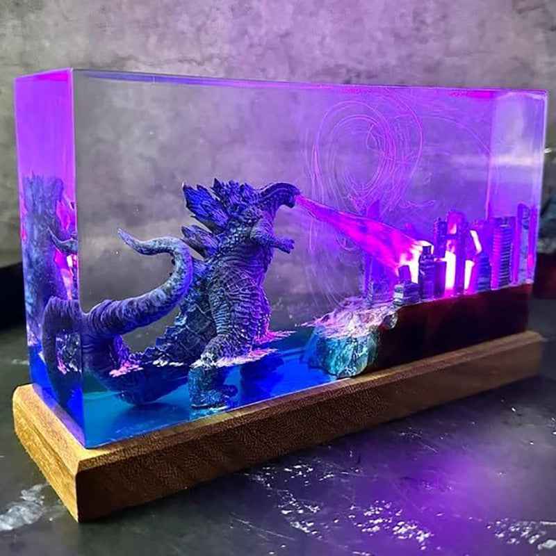 Godzilla Breathing Resin Lamp – Monster Destroying City Night Light, Handmade Kaiju Decor & Unique Gift