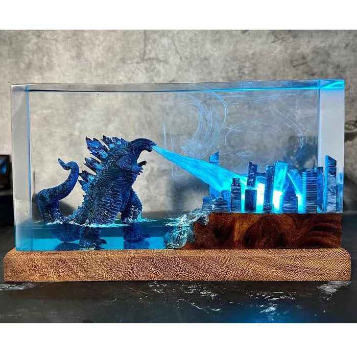 Godzilla Breathing Resin Lamp – Monster Destroying City Night Light, Handmade Kaiju Decor & Unique Gift