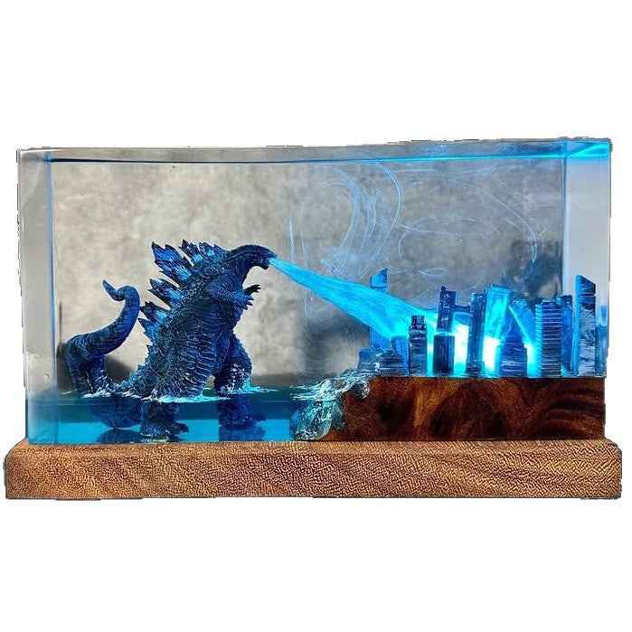 Godzilla Breathing Resin Lamp – Monster Destroying City Night Light, Handmade Kaiju Decor & Unique Gift