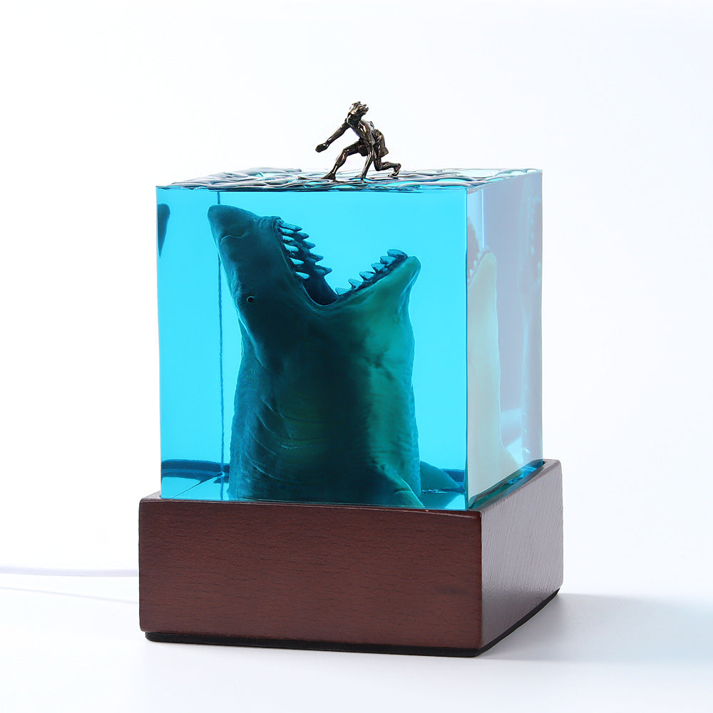 Megalodon Surfer Resin Night Light Cube – Ocean Micro Landscape Lamp, Handmade Sea Decor & Unique Souvenir Gift